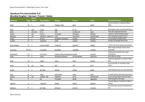 Speakout Pre-intermediate A-Z Wordlist English / German / French ...