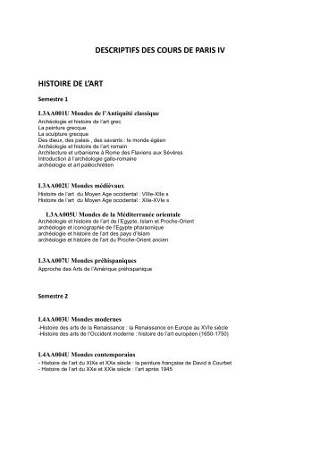 DESCRIPTIFS DES COURS DE PARIS IV HISTOIRE DE L'ART