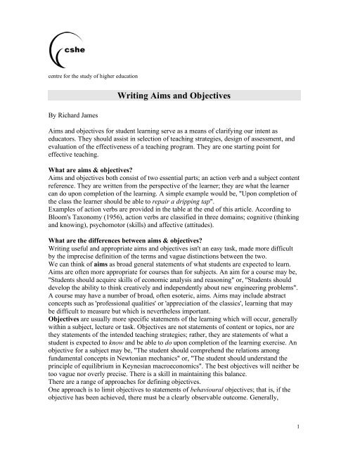 Writing Aims and Objectives - Centre for the Study of Higher Education