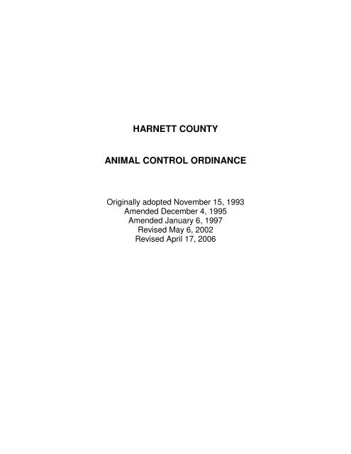HARNETT COUNTY ANIMAL CONTROL ORDINANCE