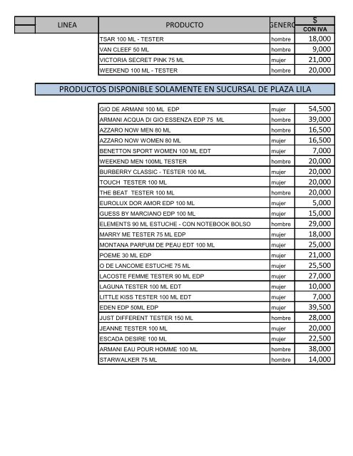 LISTA DE PRECIOS - SILK :: Perfumes