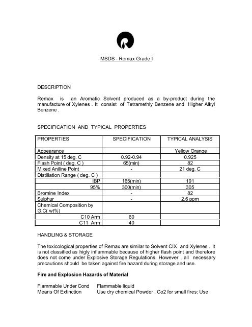 MSDS - Remax Grade I DESCRIPTION Remax is an Aromatic ...