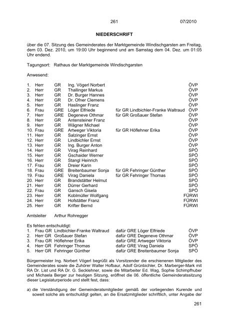 Gemeinderatssitzung vom 03.12.2010 (168 KB ... - Windischgarsten