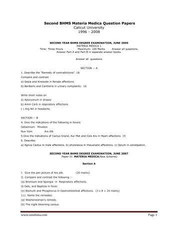 Second BHMS Materia Medica Question Papers Calicut ... - Similima