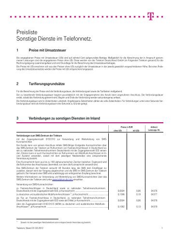 Preisliste Sonstige Dienste im Telefonnetz.