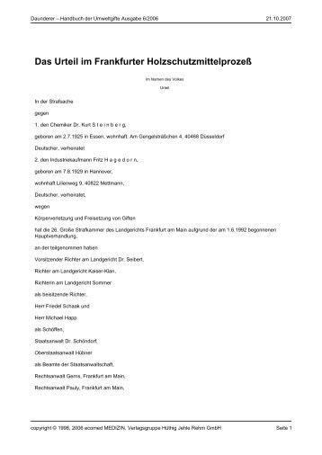 Das Urteil im Frankfurter HolzschutzmittelprozeÃŸ - ToxCenter e.V.