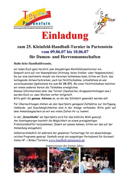 Einladung zum 25. Kleinfeld-Handball-Turnier in Partenstein vom ...