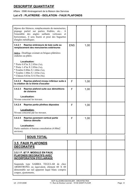 descriptif quantitatif lot 3 platrerie isolation faux plafonds