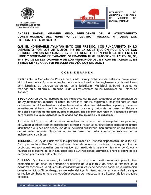 Reglamento de Anuncios y Publicidad del Municipio ... - Villahermosa