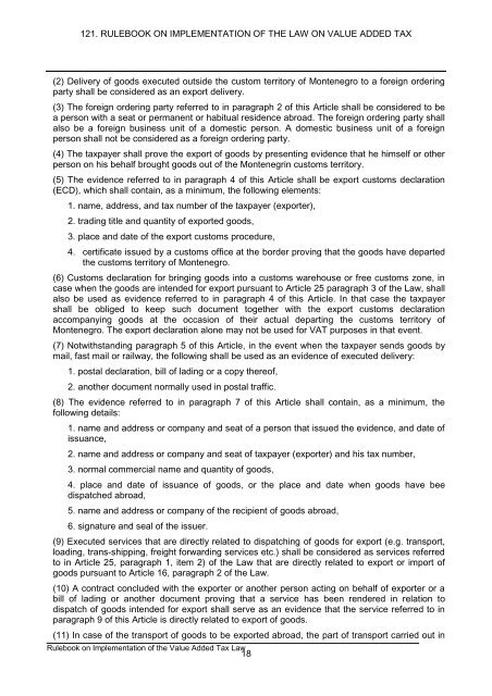 121. rulebook on implementation of the law on value added tax