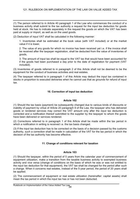 121. rulebook on implementation of the law on value added tax