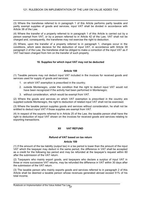 121. rulebook on implementation of the law on value added tax