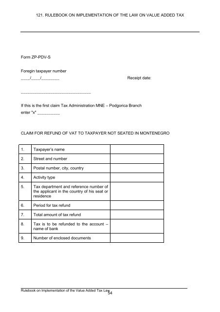 121. rulebook on implementation of the law on value added tax