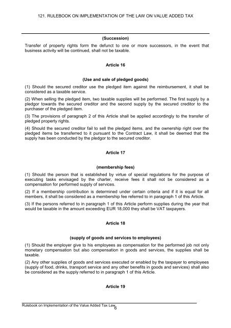 121. rulebook on implementation of the law on value added tax