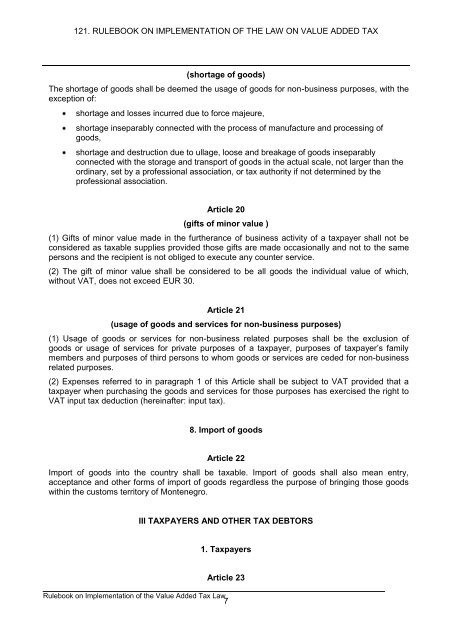 121. rulebook on implementation of the law on value added tax