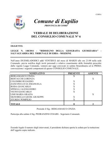 Delibera CC 6: LEGGE N. 148/2011 - Comune di Eupilio