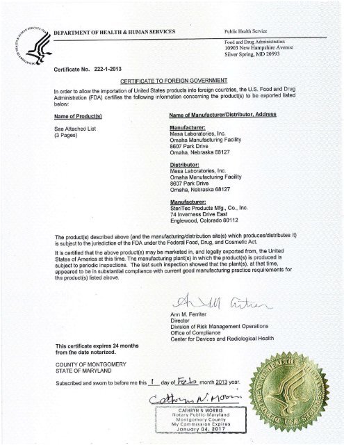 Certificate to Foreign Government Mesa Labs Certificate to Foreign Government Mesa Labs