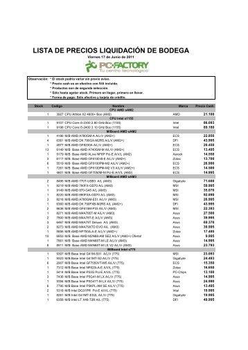 LISTA DE PRECIOS LIQUIDACIÃ“N DE BODEGA - PC Factory