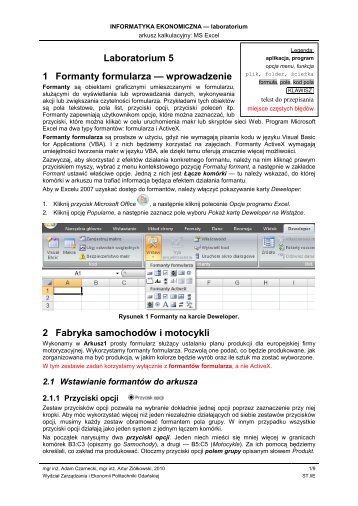 MS Excel - formanty formularzy - WydziaÅ ZarzÄdzania i Ekonomii