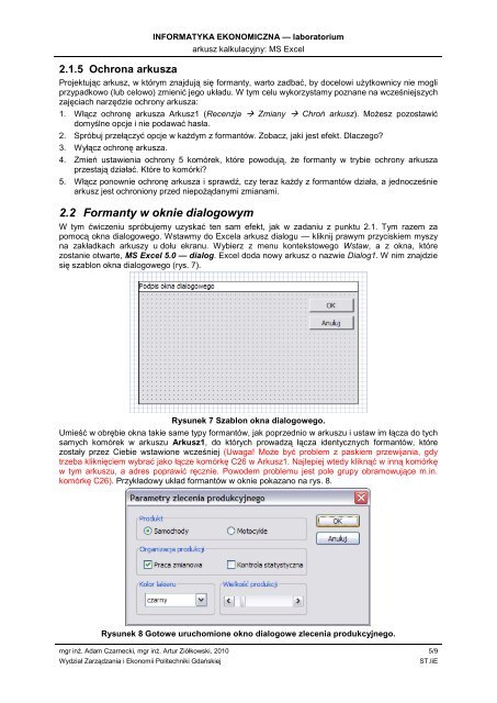 MS Excel - formanty formularzy - WydziaÅ ZarzÄdzania i Ekonomii