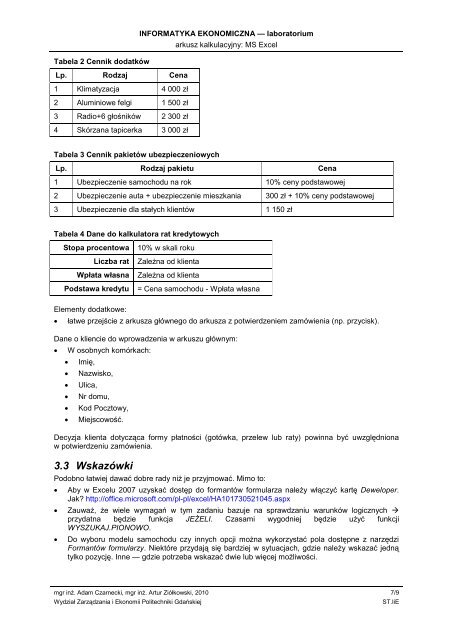 MS Excel - formanty formularzy - WydziaÅ ZarzÄdzania i Ekonomii