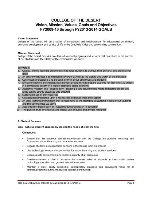 Vision, Mission, Values, Goals and Objectives 2009-10 thru 2013-14