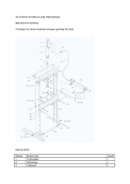 20-TONNS HYDRAULISK PRESSJEKK BRUKSANVISNING ...
