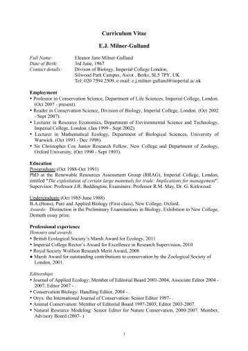 Curriculum Vitae EJ Milner-Gulland - Imperial College Conservation ...