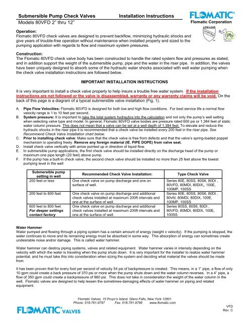 Submersible Pump Check Valves Installation Instructions Models ...