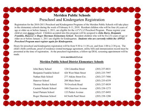 Preschool and Kindergarten Registration - City of Meriden