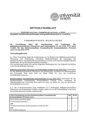 Anerkennungsverordnung 031-032-2.pdf, Seiten ... - UniversitÃ¤t Wien