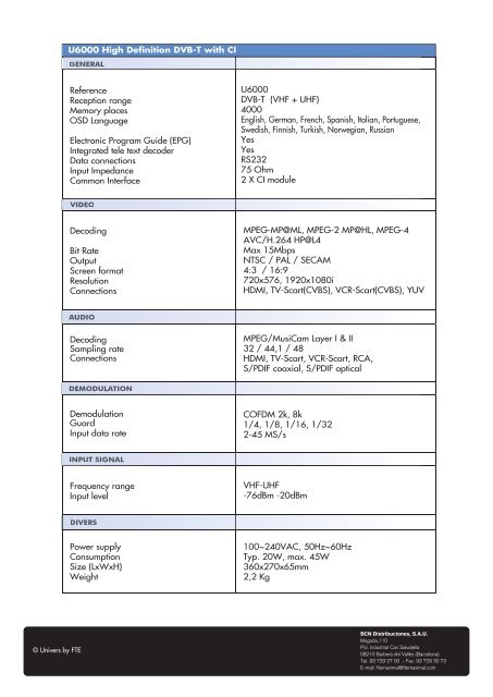 U6000 High Definition DVB-T with CI Rear Rear - Univers by FTE