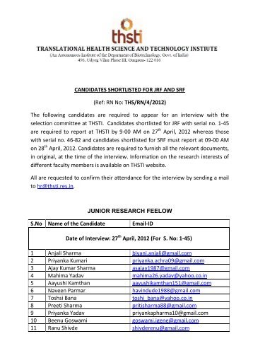 CANDIDATES SHORTLISTED FOR JRF AND SRF (Ref: RN ... - THSTI