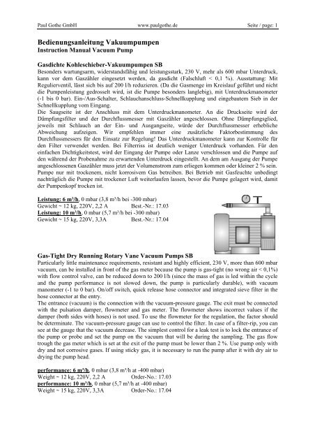 Bedienungsanleitung Vakuumpumpen TLV - Paul Gothe GmbH