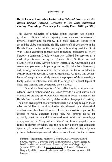 David Lambert and Alan Lester, eds., Colonial Lives Across the ...