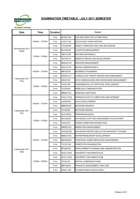 Exam Timetable - July 2011 semester - final