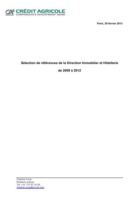 Direction Immobilier et Hôtellerie – Asie – 2011 - Crédit Agricole CIB