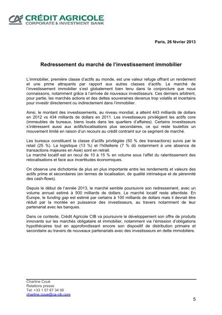 Direction Immobilier et Hôtellerie – Asie – 2011 - Crédit Agricole CIB