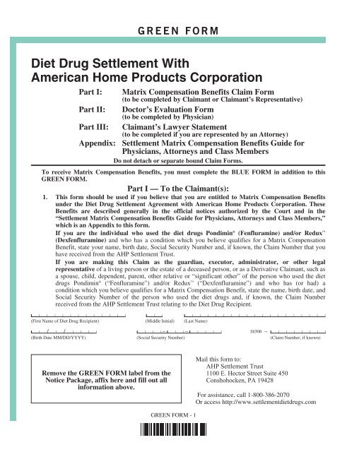 GREEN Form - AHP Diet Drug Settlement
