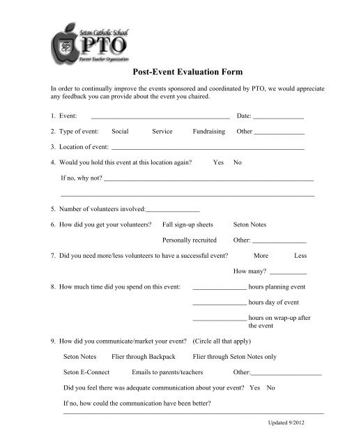 PTO Post Event Evaluation Form (pdf) - Seton Catholic School