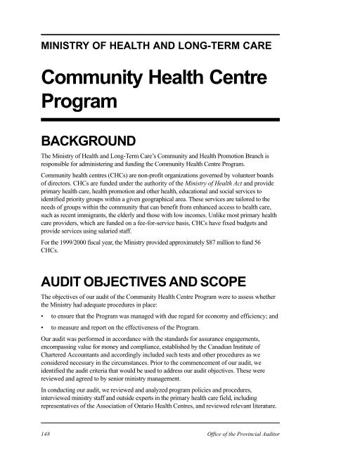 Community Health Centre Program Auditor General Of Ontario