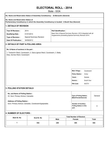 ELECTORAL ROLL - 2013 - The Chief Electoral Officer,Goa State