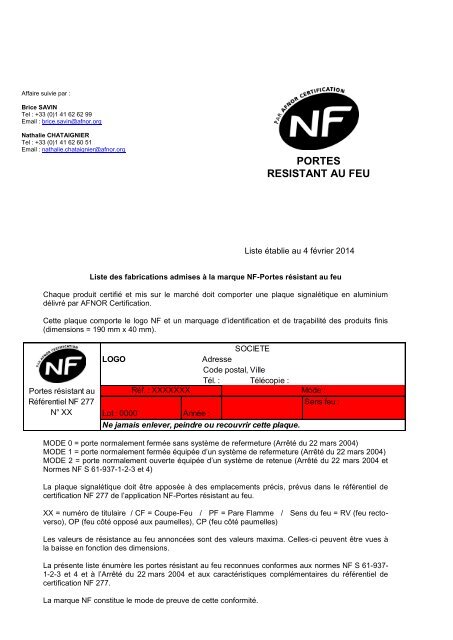 Liste des fabrications admises à la marque NF-Portes résistant au feu