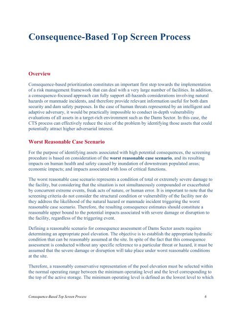 Dams Sector Consequence-Based Top Screen Methodology