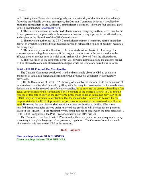 Customs Committee Agenda for 4/5/07 Meeting - ncbfaa