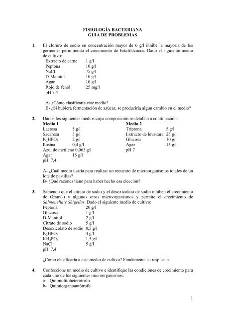 1 FISIOLOGÃA BACTERIANA GUIA DE PROBLEMAS 1. El cloruro de ...