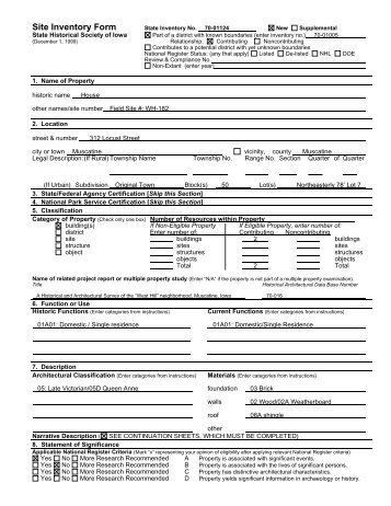 Site Inventory Form State Inventory No - Musser Public Library