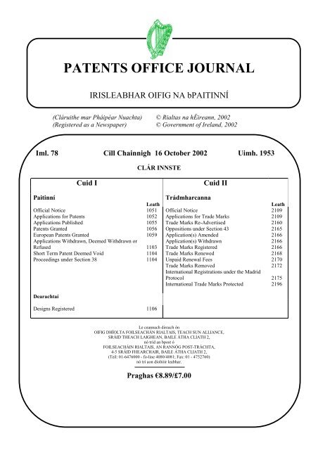 PATENTS OFFICE JOURNAL - Irish Patents Office