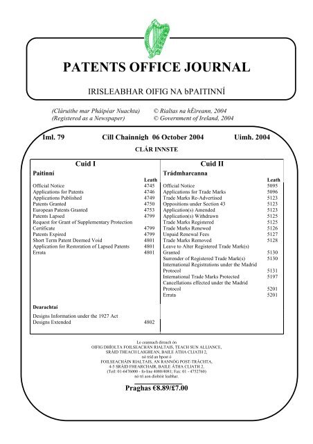 Restricción testigo Clínica PATENTS OFFICE JOURNAL - Irish Patents Office
