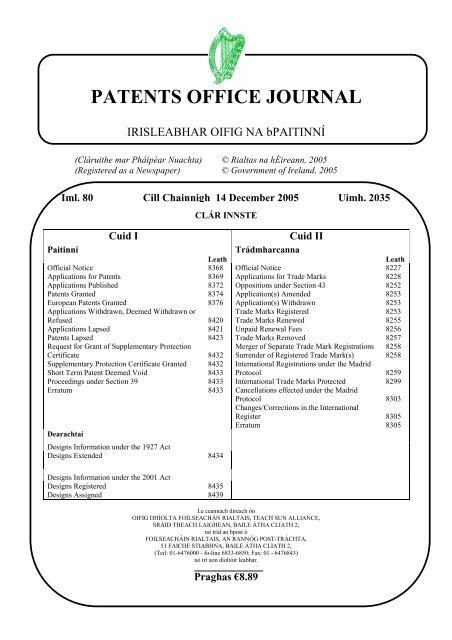 PATENTS OFFICE JOURNAL - Irish Patents Office